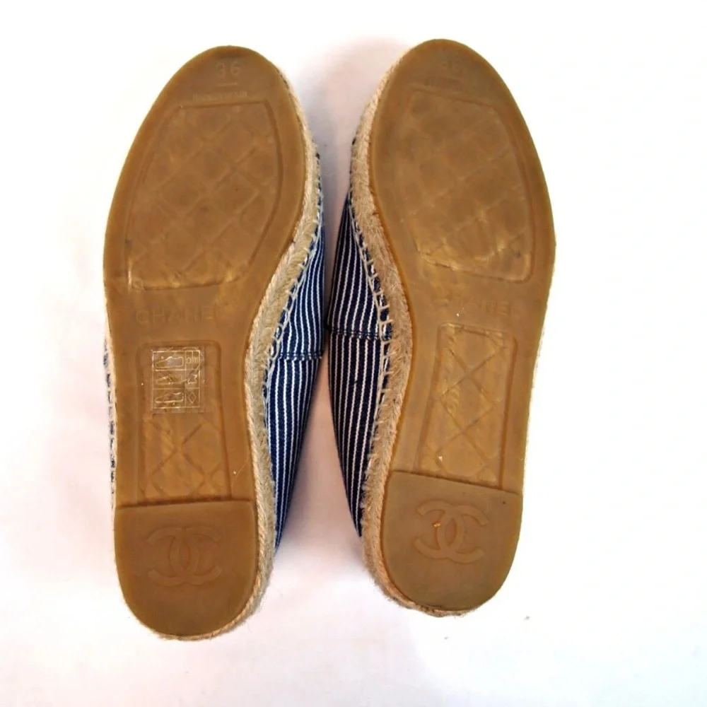 CHANEL Navy Blue Striped Espadrilles with Black Cap Toe - Picture 6 of 6